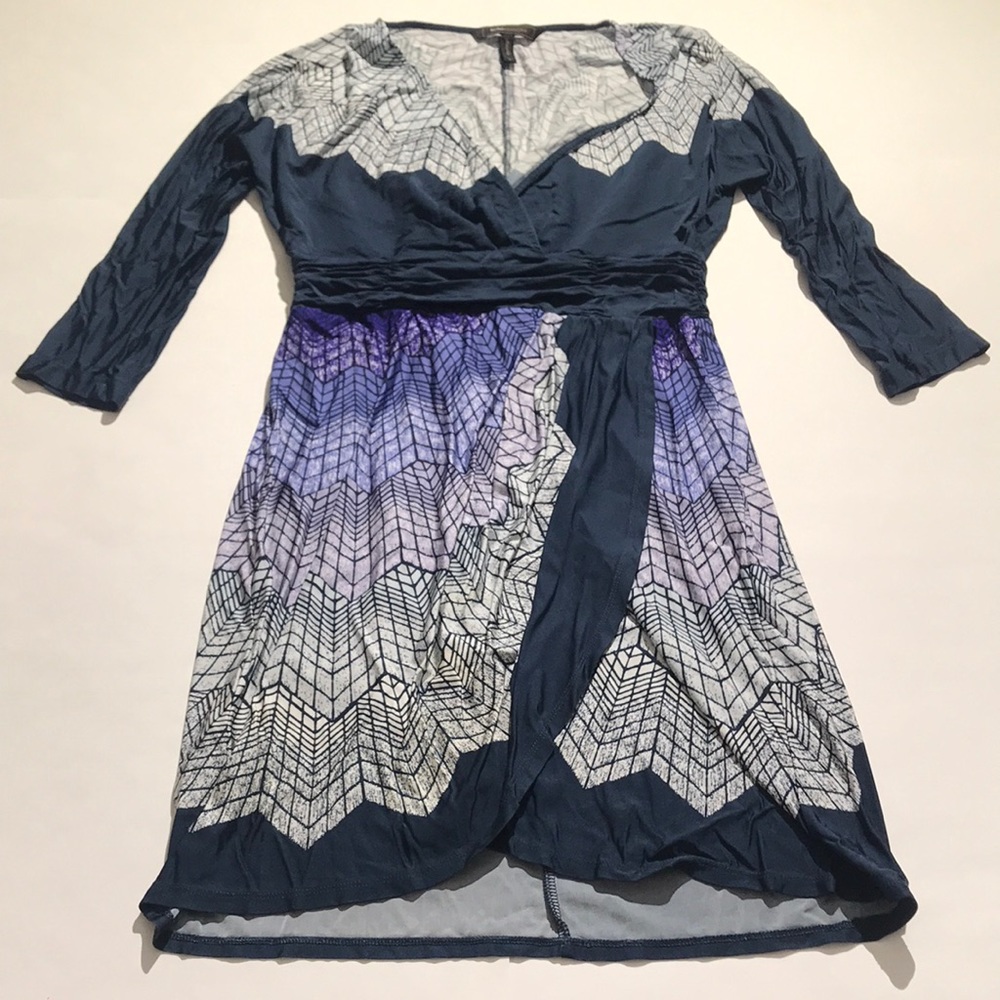 BCBGMAXAZRIA Faux Wrap Dress Geometric S Stretch blue purple